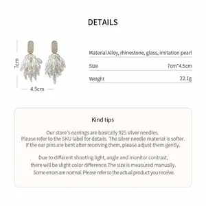 Detailed product info of rhinestone pearl tassel earrings with dimensions and materials