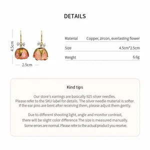 Product details for zircon bow and preserved rose drop earrings with size measurements