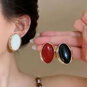 Vintage Exaggerated Oval Resin Stud Earrings For Women Light Luxury Alloy Gold Plated Jewelry With 925 Sterling Silver Earring Post