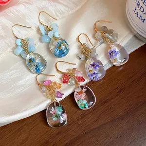 Ethnic Style Resin Dried Flower Hook Earrings For Women Handmade Natural Stone Dangle Earrings Vintage Floral Niche Design Jewelry