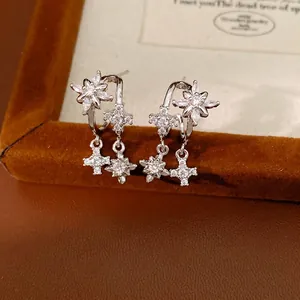 Orecchini a Bottone a Doppio Strato Forma di C Con Croce Stella Perno in Argento Sterling 925 Zirconia Argento