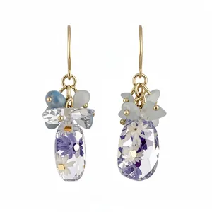 Ethnic style gold drop earrings with natural stone and resin dried flower pendants
