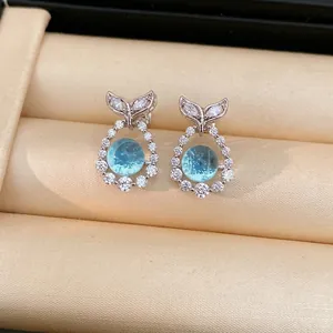 Silver Earring Post Zirconia Round Fish Tail Pendant Stud Earrings Korean Elegant Blue Stone Light Luxury Jewelry For Women