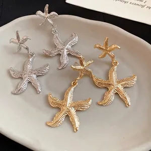Western Starfish Drop Earrings Pleated Metal Texture Sea Star Dangle Earrings With Silver Post Gold Silver Fashion Jewelry For Women