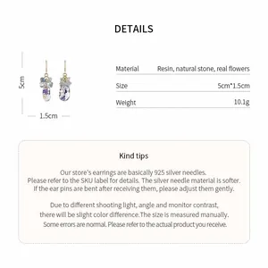 Detailed technical specifications for ethnic resin flower drop earrings with real flowers