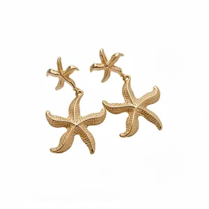 Elegant gold starfish dangle earrings with textured detail and silver needles