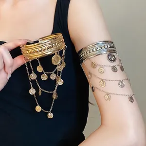 Retro Legierung Porträt Münze Quaste Armreif Mehrschichtige Kette Böhmische Übertriebene Offene Armmanschette Für Damen Party Mode Schmuck