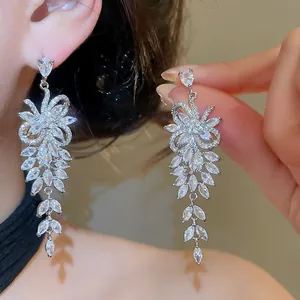 Elegant marquise-cut zircon tassel drop earrings with sparkling leaf cascade