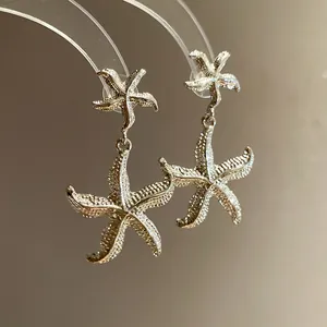 Detailed view of textured silver starfish drop earrings with elegant matte finish
