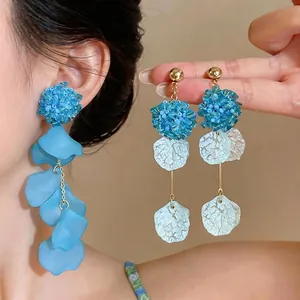 Fashion Blue Floral Acrylic Glass Bead Tassel Drop Earrings With 925 Sterling Silver Earring Post For Women Vacation Jewelry