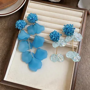 Elegant blue floral petal tassel earrings with acrylic and glass beads