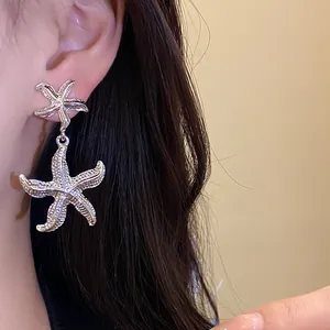 Detailed close-up showing texture of silver metal wrinkled starfish pendant earrings