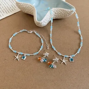 Elegant light blue starfish and square stone pendant jewelry set for women summer beach