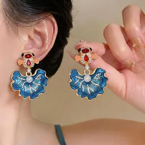 Orecchini a Bottone a Forma di Coda di Pesce Oro Vintage Con Perno in Argento Sterling 925 Smalto Blu Profondo Strass Perla Donna