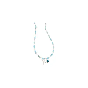 Light blue beaded necklace with silver starfish and square blue gemstone pendant