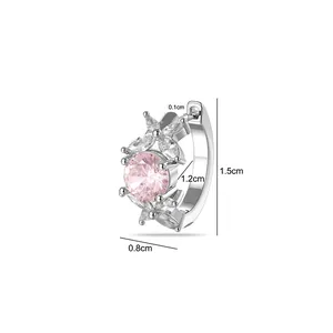 Silver floral hoop earring with pink round zircon and crystal accents (1.5cm height)