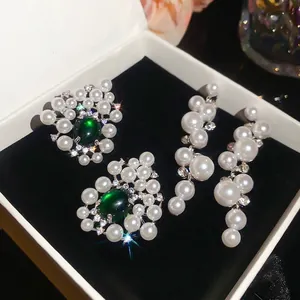 Vintage Luxurious Artificial Pearl Drop Earrings For Women Copper Zirconia Inlaid Rhinestone Stud Earrings Wedding Party Jewelry