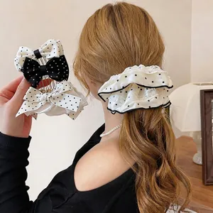 Elegante Clip per Capelli con Fiocco a Pois in Tessuto Stile Coreano Scrunchie in Pizzo Moda Francese Bastoncino per Capelli Donna Accessori