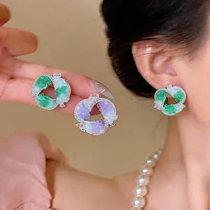 Geometric Glass Stud Earrings With 925 Sterling Silver Earring Post Zirconia Inlaid Luxury Korean Niche Jewelry For Women