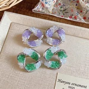 Korean style geometric stud earrings with purple and green glass resin and zircon accents