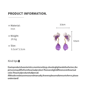 Product specification for purple floral petal earrings with weight and size details.