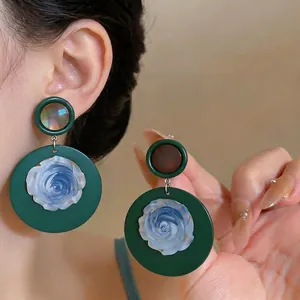 Vintage French Style Elegant Round Resin Rose Flower Stud Earrings With 925 Sterling Silver Earring Post Dark Green Blue Niche Jewelry