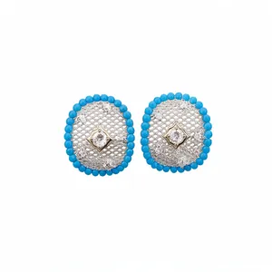 Elegant silver-plated mesh stud earrings with turquoise-style beads and a central zircon