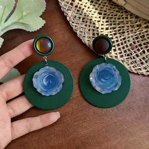 Vintage French style dark green round earrings with a blue frosted rose detail