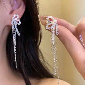 Silver Tone Bow Knot Tassel Earrings Zirconia Artificial Pearl Stud Earrings With Silver Earring Post For Wedding Party Elegant Jewelry For Women