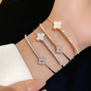Elegant Double Layer Clover Flower Zirconia Open Bangle Bracelet For Women Vintage Copper Inlaid Acetate Sheet Adjustable Jewelry