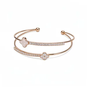 Rose gold double-layer open bangle with zircon four-leaf clover and shell inlay