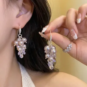 French Vintage Artificial Pearl Rhinestone Tassel Drop Earrings For Women Elegant Silver Earring Post Light Luxury Grape Style Jewelry