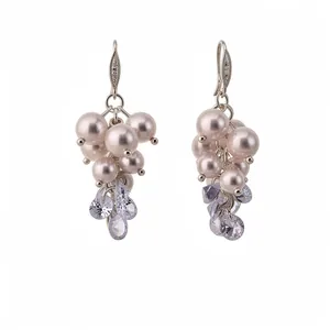 French retro pearl and zircon tassel hook earrings with elegant grape-like cluster