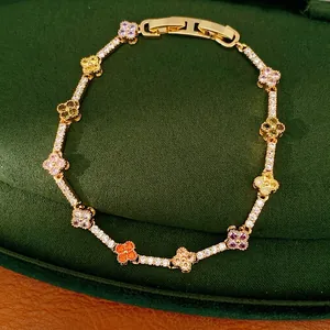 14K Gold Plated Lucky Clover Flower Bracelet For Women Multicolor Zirconia Inlaid Elegant Fashion Jewelry Wrist Accessory Gift