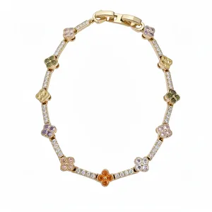 Exquisite 14k gold plated clover flower bracelet with colorful cubic zirconia stones