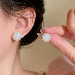French style elegant pearl stud earrings with crystal halo and silver pins