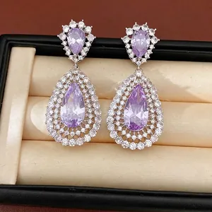 Court Style Purple Zirconia Teardrop Hollow Drop Earrings Luxury Vintage Copper Zirconia Inlaid Jewelry For Women Wedding Banquet