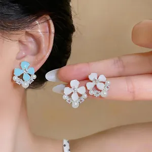 Sweet Floral Stud Earrings Copper Zirconia Artificial Pearl With 925 Sterling Silver Earring Post Drip Oil Ear Jewelry