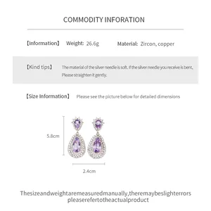 Detailed dimensions and material information for purple zircon teardrop hollow earrings.