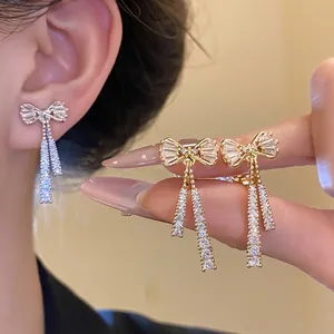 Luxury 14K Gold Plated Zirconia Bow Tassel Ear Clips Elegant Minimalist Bowknot Dangle Earrings For Women Jewelry Gift