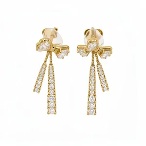 Elegant 14k gold plated bow pendant earrings with sparkling white cubic zirconia accents