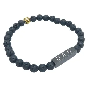Natural black lava stone beaded bracelet with engraved DAD metal bar Father's Day gift