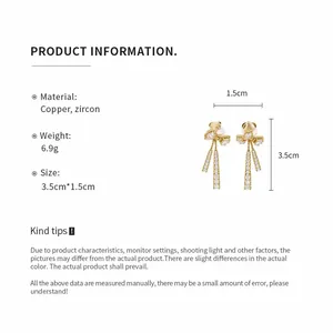Detailed product info for 14k gold plated zircon bow clip-on earrings with 3.5cm size