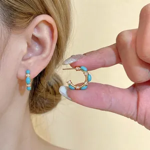 Vintage 18K Gold Plated C-Shaped Stud Earrings Women Copper Blue Stone Inlaid Zirconia 925 Sterling Silver Post Jewelry