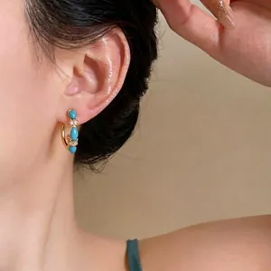 Vintage 18k gold plated C-shaped hoop earrings with turquoise droplets and zircons
