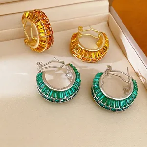 Geometric Round Hoop Earrings With Silver Earring Post Alloy Inlaid Baguette Rhinestone Earrings For Women Retro Luxury Jewelry Gift
