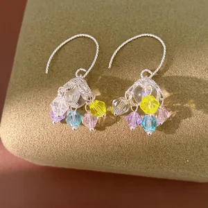 Orecchini a Gancio con Nappina in Vetro Colorato a Fiore Traforato Stile Dolce Rame Perno Argento Gioielli Donna