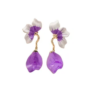Elegant French style purple and white enamel petal tassel drop earrings for women