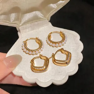 French Style Zirconia Rhombus Earrings Gold Plated Copper Artificial Pearl Stud Earrings Fashion Elegant Ear Buckle Jewelry For Women