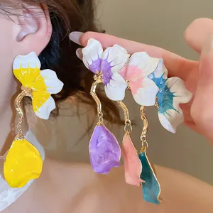 French style enamel flower petal tassel earrings in vibrant yellow, purple, and pink tones.